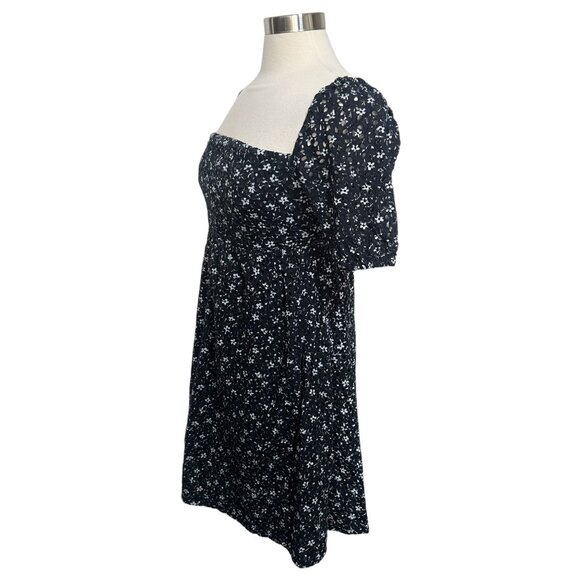 Anthro Maeve Size 4 Navy White Floral Eyelet Lace Puff Sleeve A-Line Mini Dress - Picture 2 of 10